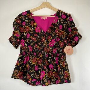 Rabbit Rose Black Pink Floral Bohemian Short Sleeve Peplum Blouse Top Size M